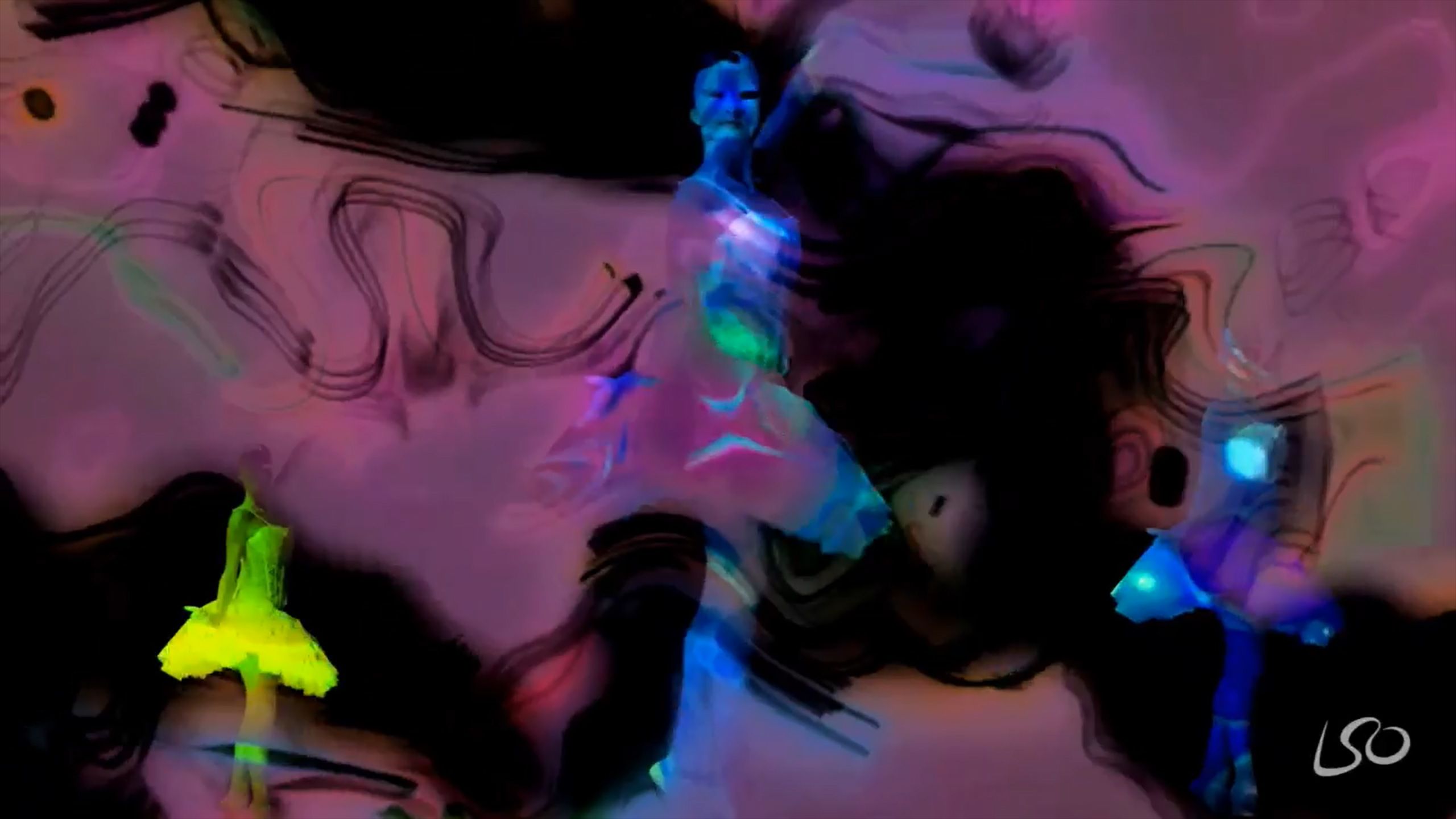 Artwork from the DreamCity music video: neon-hued ballet dancers surrounded by swirling pink